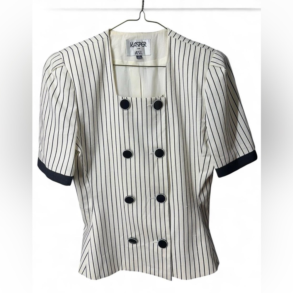 90s White and Black Pin Stripe Square Neck Button-up Blouse by Kasper for ASL